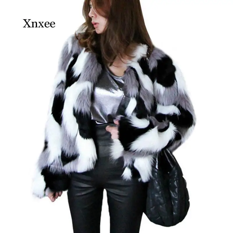 Winter New Imitation Fur Jacket Coat Big Size Women's Loose Round Neck Short Ladies Mixed Color Coat Size Xs-6X Outerwear