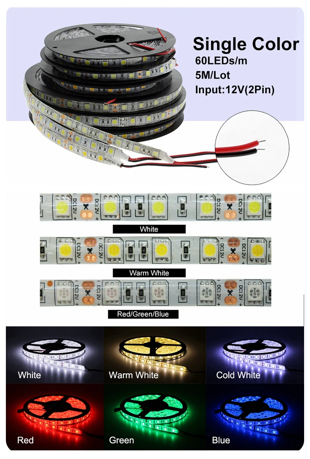 1M 2M 3M  5M 5050 LED Strip Light 60LED/Meter Input 12V Safe Tape BSOD DIY White Red Blue Green RGB Flexible Led Line 3M Sticker