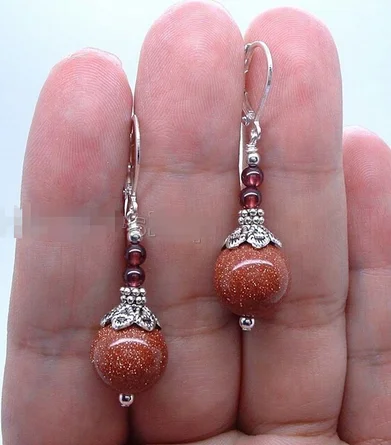 

Handmade Bold Goldstone W. Red Garnet Sterling A Leverbacks Earrings