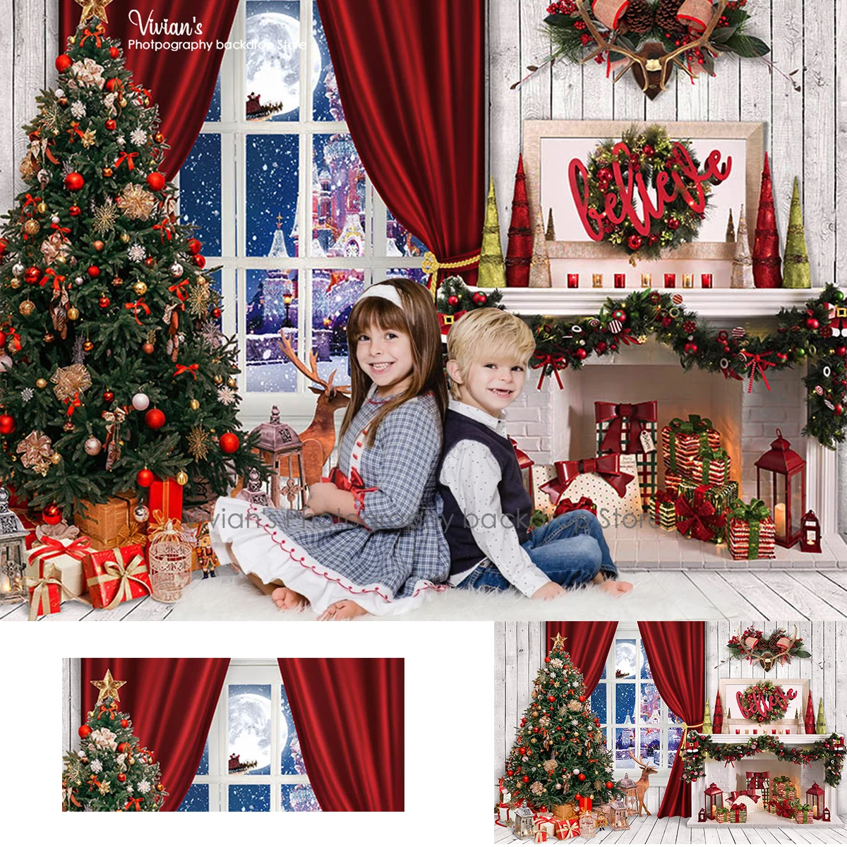 Christmas Backdrop Kids Photocall Fireplace Window Decor Santa Claus Toy Props Christmas Trees Wreath Child Baby Photostudio