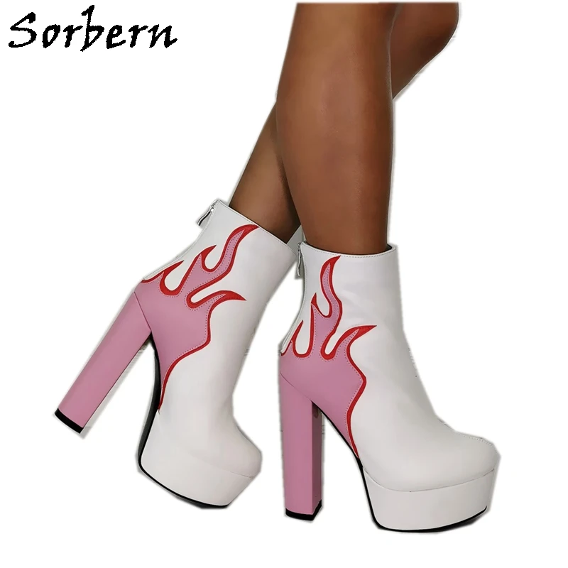 

Sorbern Flame Chunky Platform Boots Women Short Back Zipper Boots Ankle High Block Heels Footwear Size 11 Booties Custom Colors