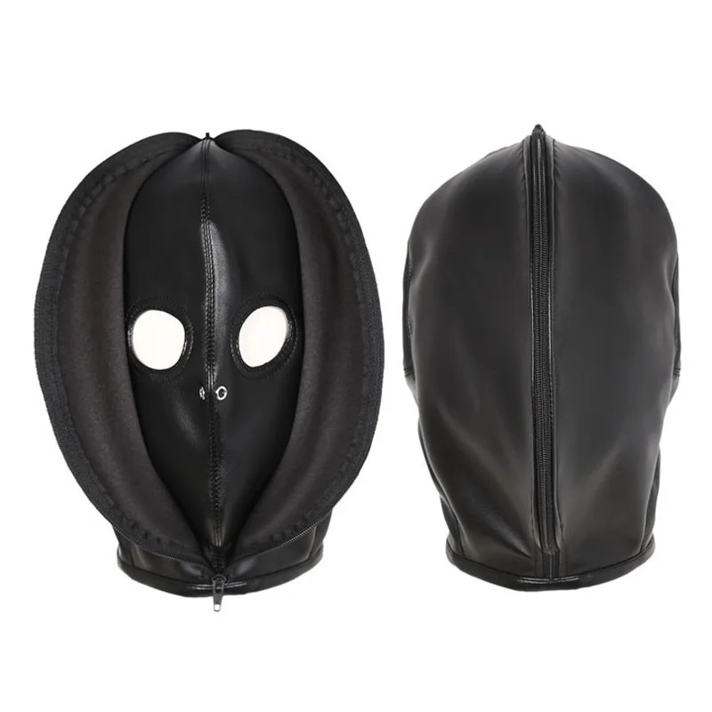 Double layer leather zipper mask bondage hood adult games cosplay slave fetish bdsm restraints erotic tools sex toys for couples