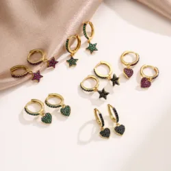 18K Gold Plated Brass Black Heart Star Earrings,Colorful CZ Drop Earrings for Women Cute Jewelry,Wholesale Dropship