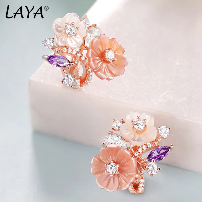 LAYA Clip Earrings And Ring 925 Sterling Silver Shining Zircon Pink Black White Flower For Women Bridal Wedding Luxury Jewelry