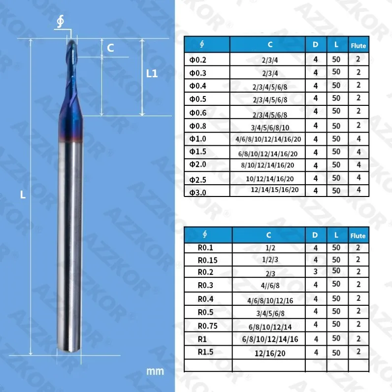 AZZKOR HRC70 Hartmetall-Kugelkopffräser mit blauer Nano-Beschichtung, 2-Schneiden, Tiefenrillenfräser, CNC-Maschinenbearbeitung, Fräswerkzeug – Detail 1