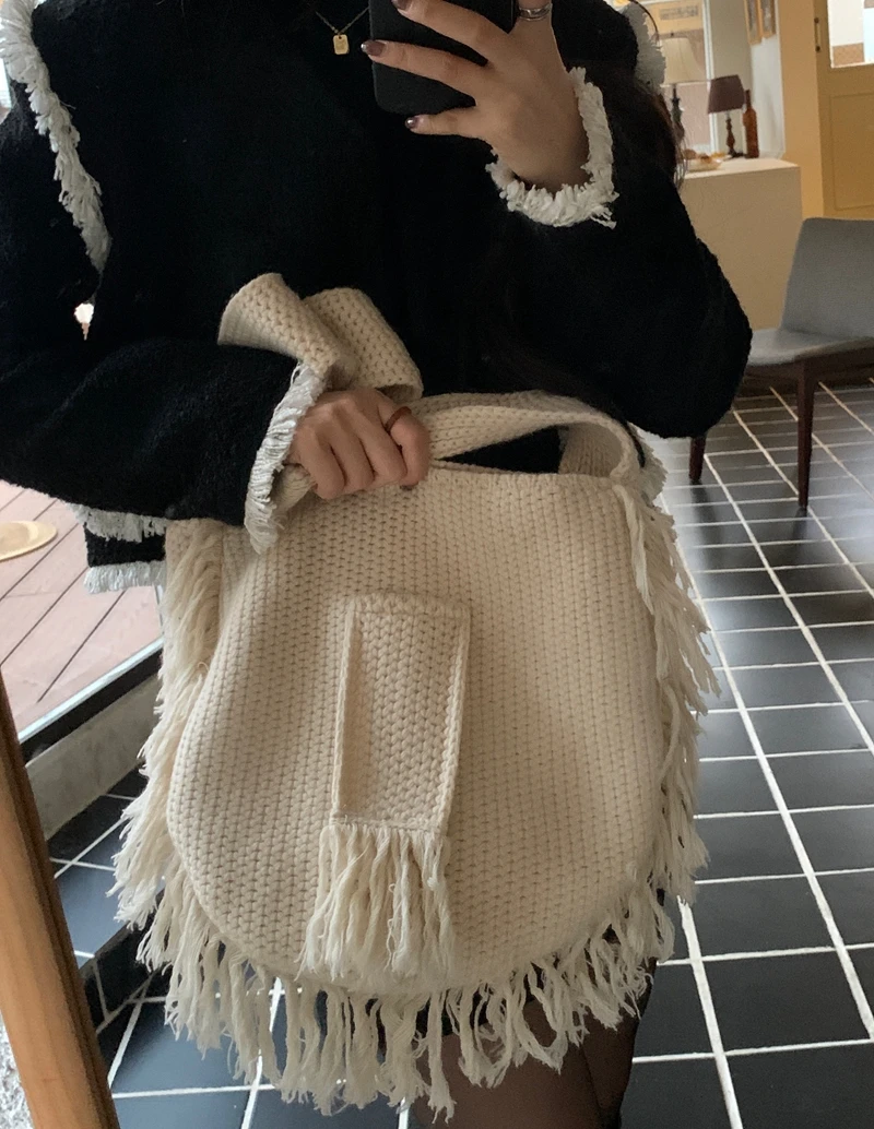 New Handmade Rope Female Woven Handbag Knitted Beach Bag Tassel Bohe Bolsos Feminine Crochet Fringed Women Shoulder Bags