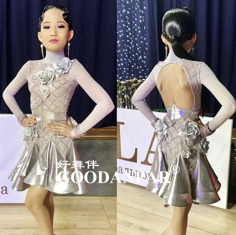 

silver Latin dance dress for girls latin dance costume sexy latin wear tassel for competition GOODANPAR