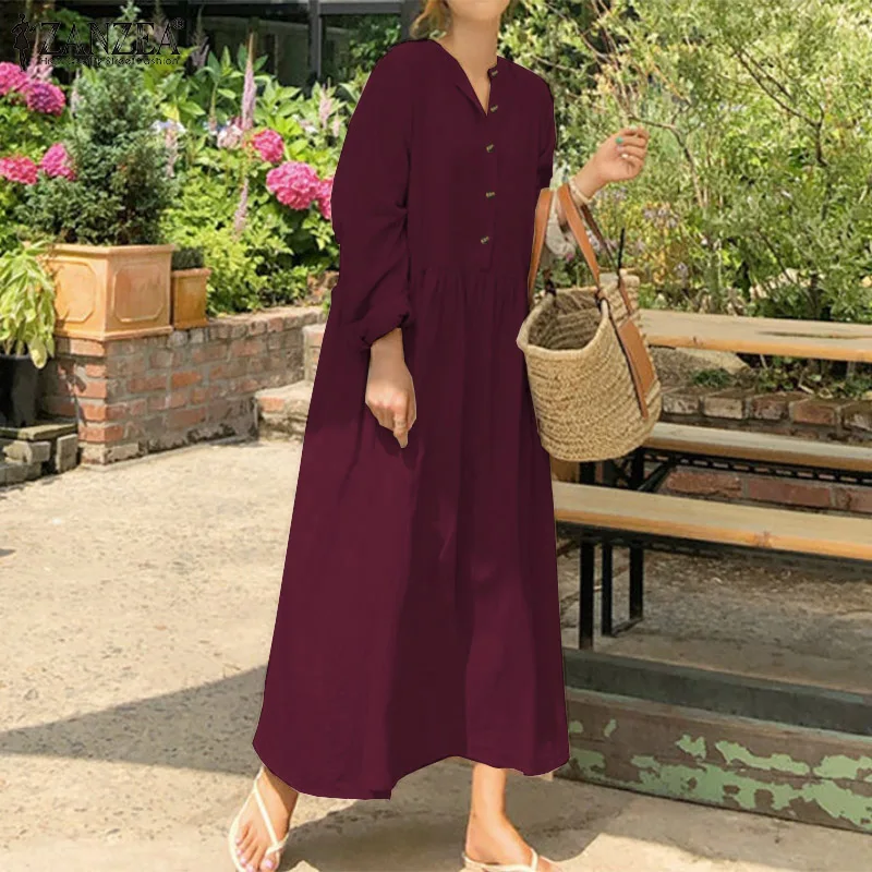 2023 Autumn ZANZEA Women Casual Solid Long Shirt Dress Pockets Long Maxi Vestidos Office Lady Work Cotton Dress Party Robe Femme