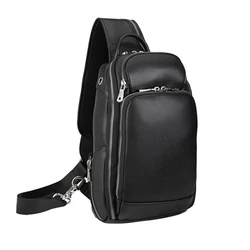 Classic Black Leather Chest Bag With USB Function 100% Genuine Leather Chest Packs USB Sling Bags For Men outdoor hiking