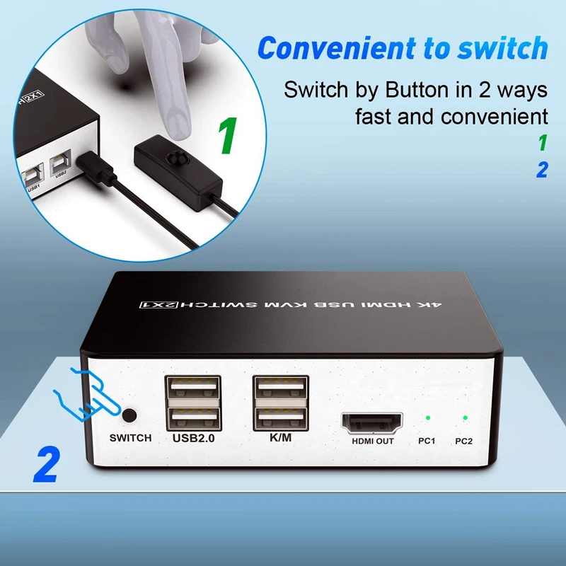 Выключатель H0 HDMI KVM с 2 портами и USB-кабелем, 2 режима переключения, поддержка UHD расширенного дисплея 4K @ 60 Гц