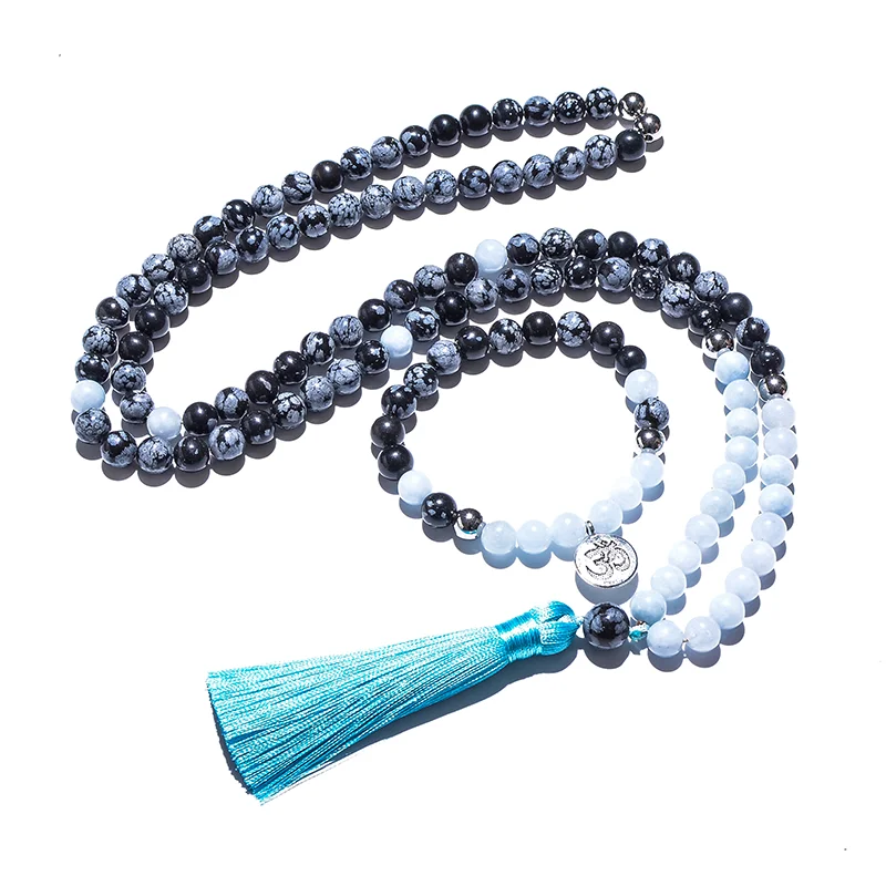 

8mm Snowflake Obsidian,Aguamarina,Japamala Sets,Meditation Yoga Prayer Jewelry,108 Mala Beads Necklace for Men and Women
