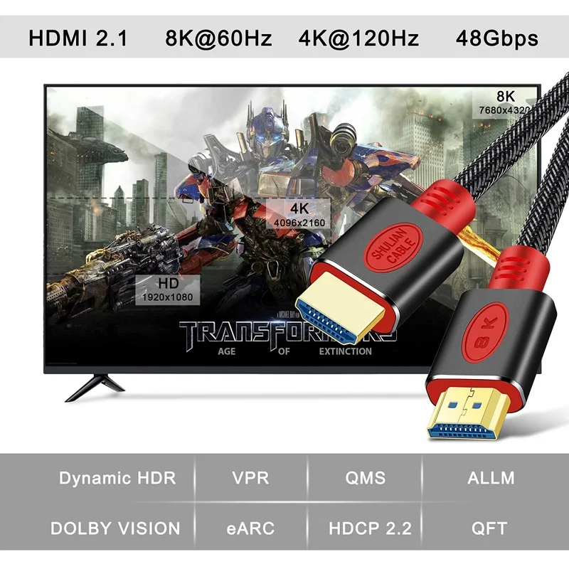 Kabel HDMI-com 8K@60Hz 4K@120Hz Ultra ARC HDR High-Speed 48Gbps HDCP2.2 do przełącznika rozdzielacza PS4 TV Xbox Projektor Komputer 2m 3m