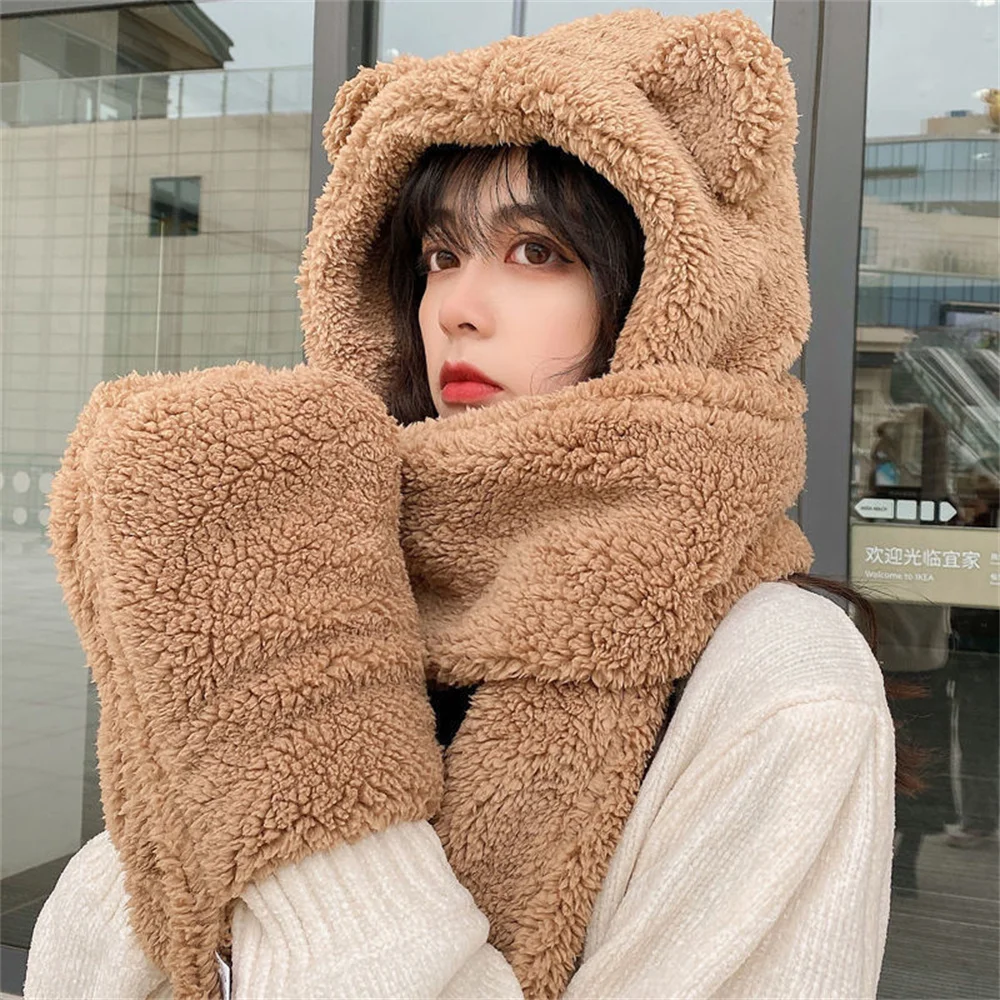 Neue Nette Bär Ohr Hut Schal Handschuhe Set Winter Frauen Beanies Caps Warme Casual Plüsch Hüte Casual Solide Fleece Mädchen kawaii Präsentieren