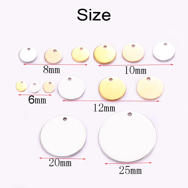 100 Stück 6–35 mm Edelstahl-Charms, runder Erkennungsmarken-Anhänger, Stanzrohlinge, Anhänger für Halsketten, DIY-Schmuckherstellung, 3 Farben – Detail 2