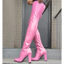 LAIGZEM Women Over High Boots Round Toe Shiny Side Zip Thick High Heels Thigh High Boots Handmade Shoes Woman Big Size 41 43 52