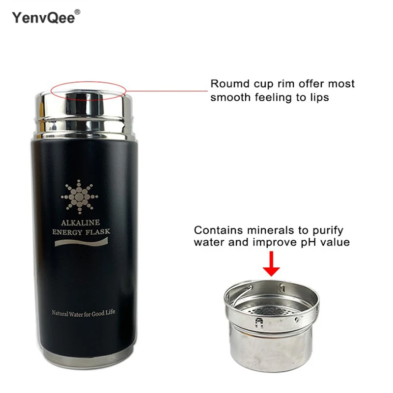 YenvQee 380ML Stainless Steel Protable Quantum Alkaline Water Bottle Flask Bottle Electrolytic Energy Cup