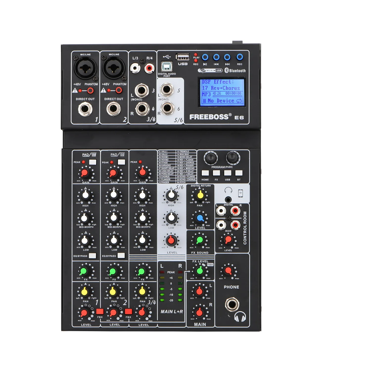 Freeboss 6 قناة بلوتوث الصوت الجدول 24 Dsp تأثير USB الكمبيوتر سجل استوديو المحمول البث المباشر صوت مصغر خلاط E6
