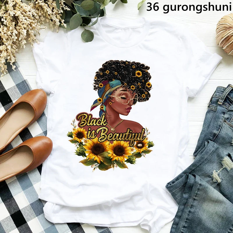 

Golden Black Is Beautiful Graphic Print Women'S Tshirts Sunflower Sunshine Black Girl Magic T-Shirt Femme Melanin Poppin T Shirt