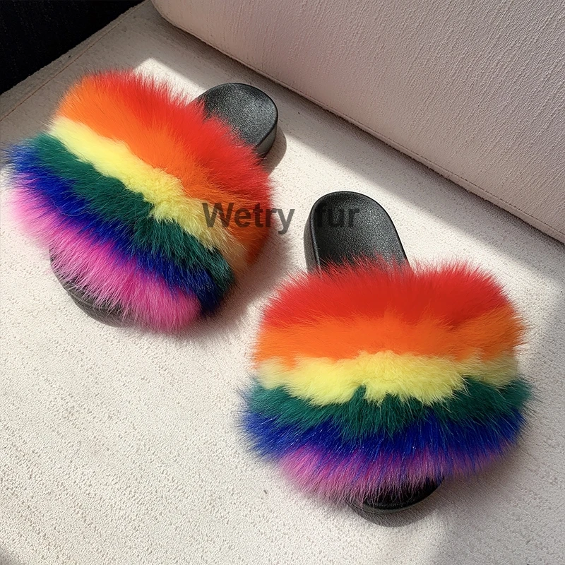 Kids Real Fox Slippers Raccoon Slides Chinelos Menina Slippers Toddler Baby Girls Shoes fox fur slides fur slides for kids