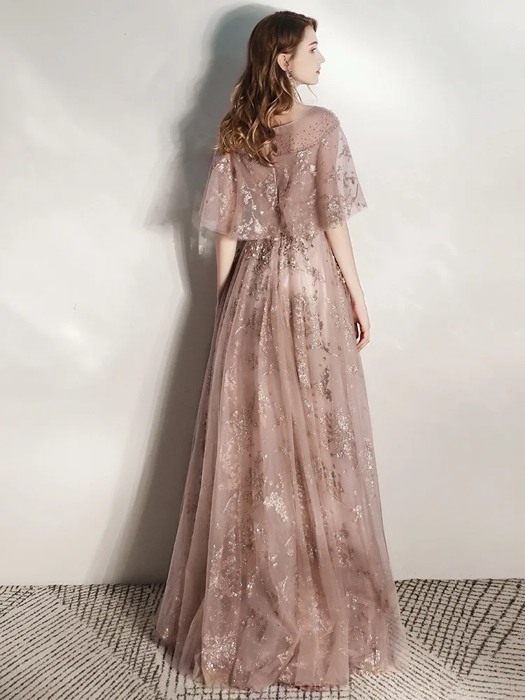 Luxury Celebrity Dresses Rose Pink Cloak Banquet Elegant Beading O-neck Wedding Sequin Party Prom Formal Occasion Evening Gowns