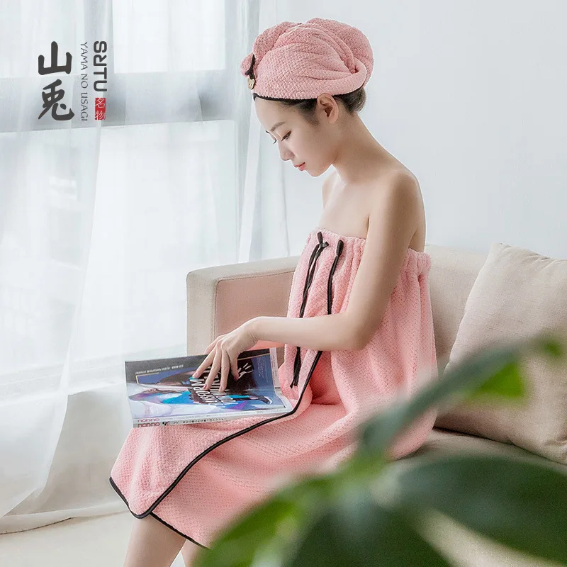 Women Tube Top Bath Towel Skirt Fashion Soft Absorbent Bath Skirt Beauty Salon Wear Bathrobe Beach Towel Hair-Drying Cap Suit