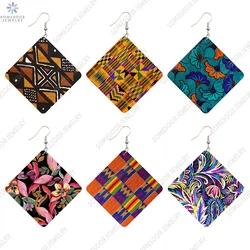 SOMESOOR African Fabric Print Geometric Wooden Drop Earrings Bohemian Tribal Ethnic Square Wood Dangle Jewelry For Women Gifts