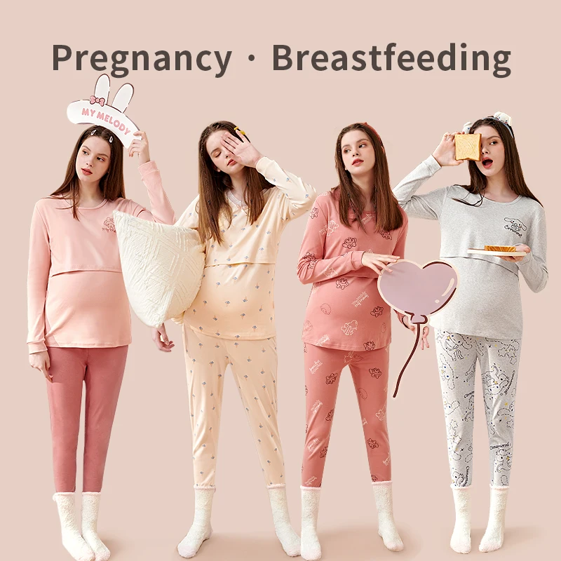 YATEMAO Nursing Clothes Maternity Pajamas Cotton Pregnant Pajama Set Maternity Long Sleeve Tops&Pants Winter Sleepwear Nightgown