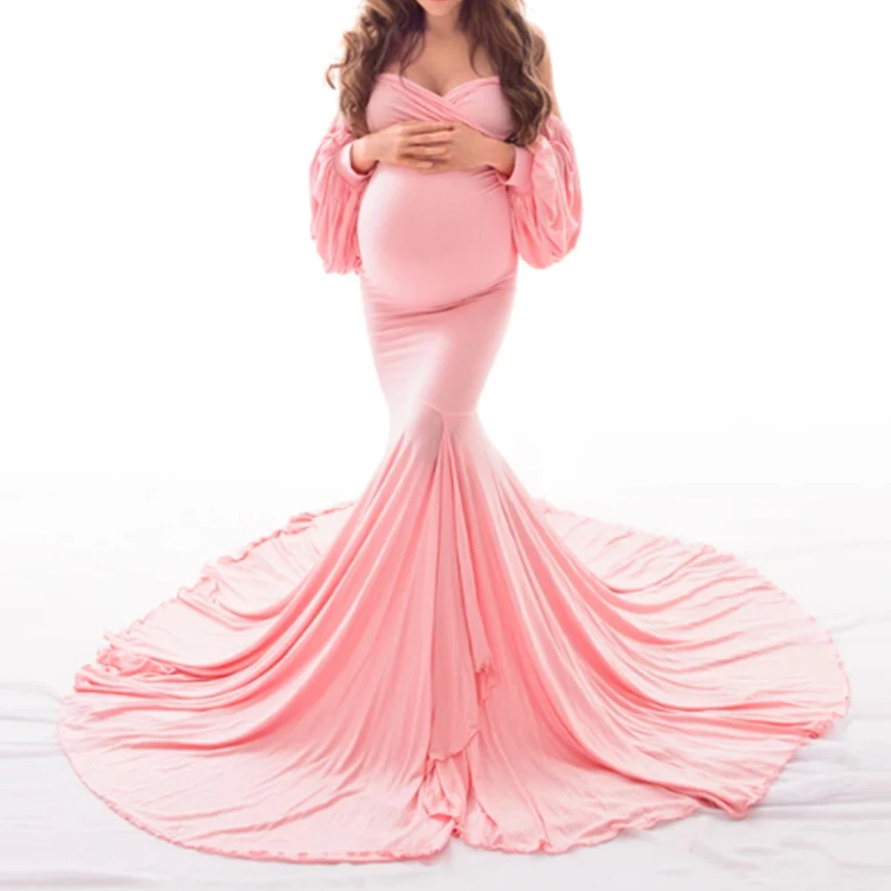 Maternity Maxi Split Gown Dresses for Photo Shoot Lantern Sleeve Pregnant Women Long Baby Shower Dress Pregnancy Photography