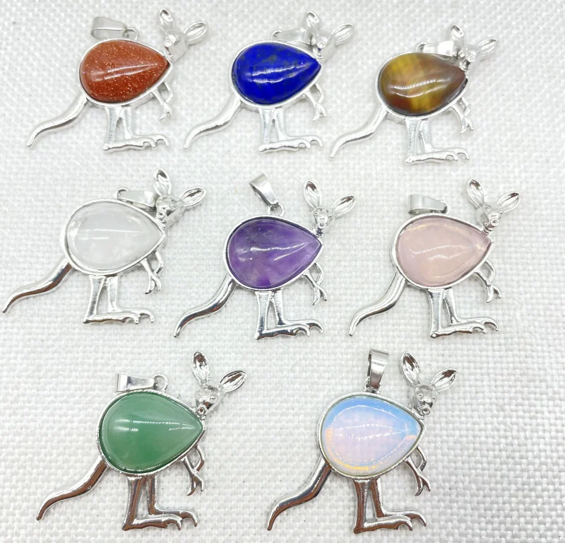 Wholesale Natural Gem Stone Water Drop Quartz Crystal Animal Kangaroo Archaize Silver Pendant Jewelry Making Necklace 10pcs