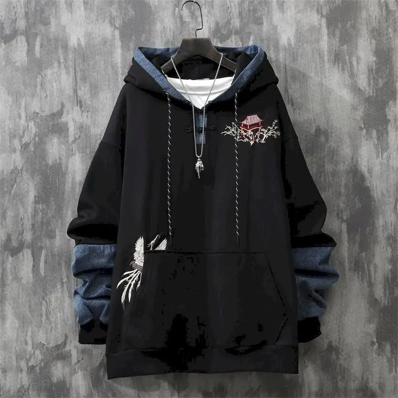 Chinese Crane Embroidery Niche Hoodies Men Japanese Design Sense Casual Handsome Hooded Jacket Mens Thicken Coat Autumn Winter