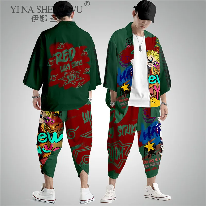 

Japanese Style Vintage Kimono Haori Pants Jacket Set Men Traditional Harajuku Streetwear Samurai Cardigan Asian Fashion Clothing