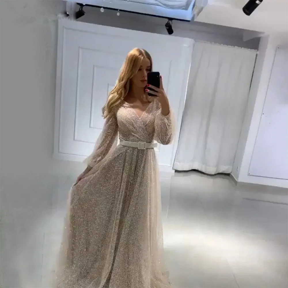 2022 árabe v pescoço latern mangas vestidos de noite vestidos de festa a linha longo vestido de baile dubai formal feminino robe de soirée mariage