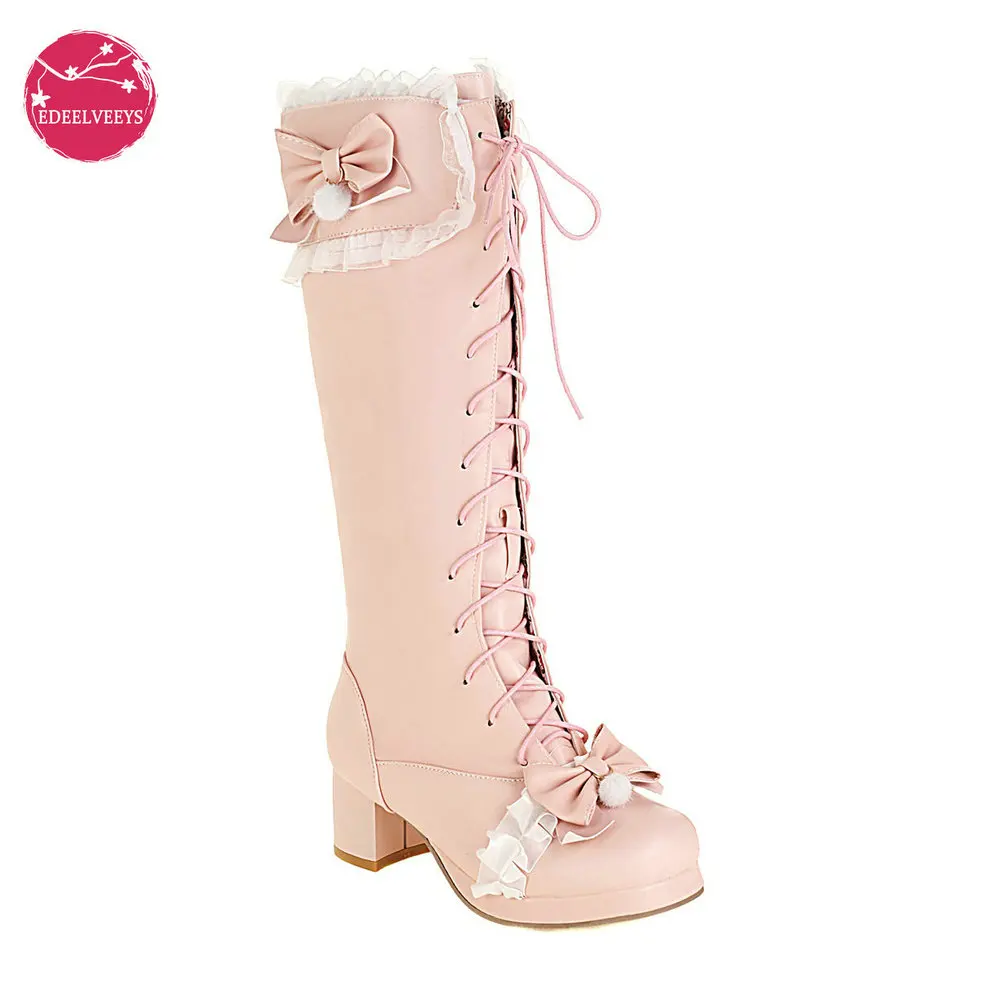 Fashion Princess Lolita Wedding Party Platform Shoes Cross Tied Bow Design White Pink Mid Heels Boots Female Lace Edge Hairball