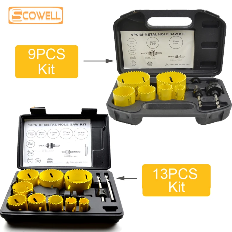 SCOWELL 9pcs, 13pcs HSS Bimetal Holesaw Cutter Kit Drill Bit Hole Saw Metal Wood Stainless Steel Cut Door Hole 19mm -73mm