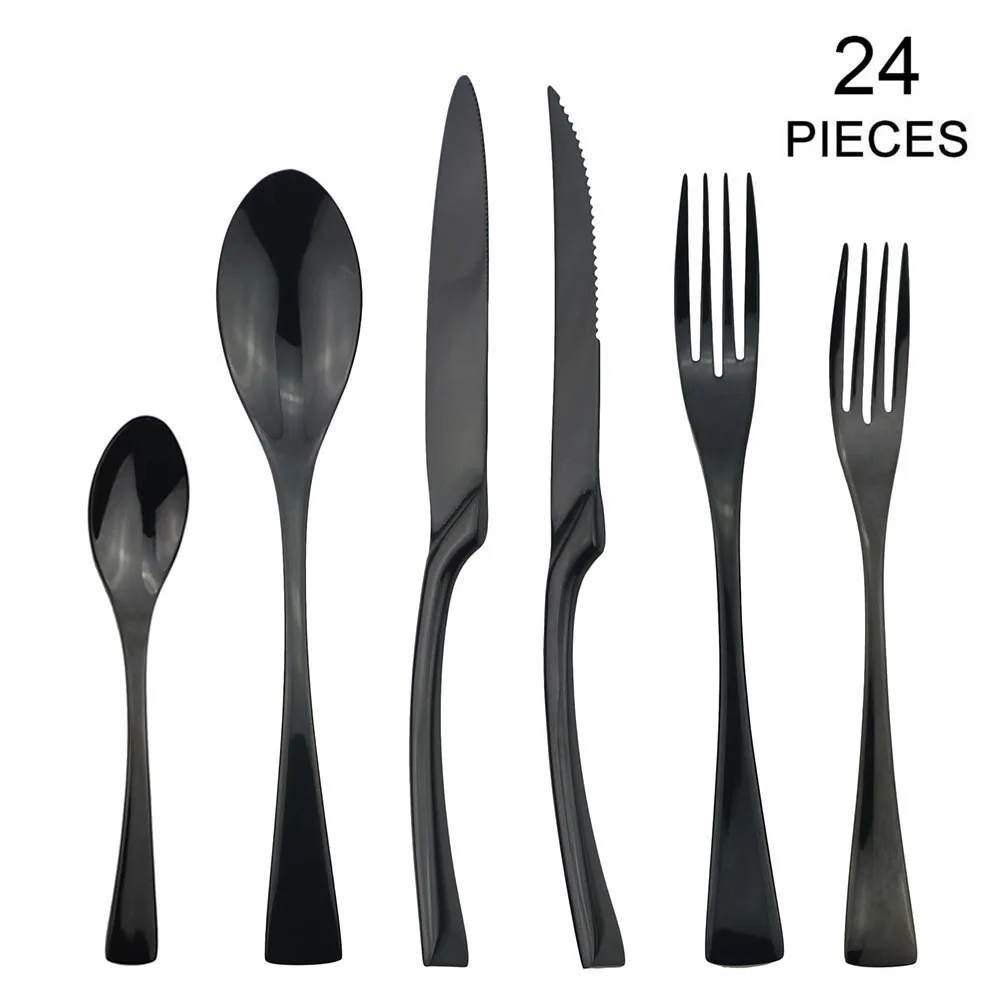 24Pcs/Set Black Stainless Steel Dinnerware Flatware Set Dinner Spoon Fork Knife Cutlery Set Tableware Set Service For 4 or 6