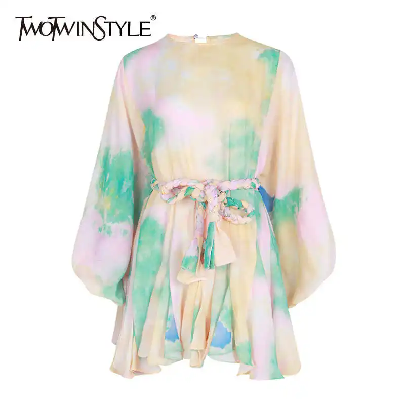 TWOTWINSTYLE Hit Color Print Dresses Women Long Sleeve O Neck High Waist Lace Up Female Dress Spring Casual Fashion 2022