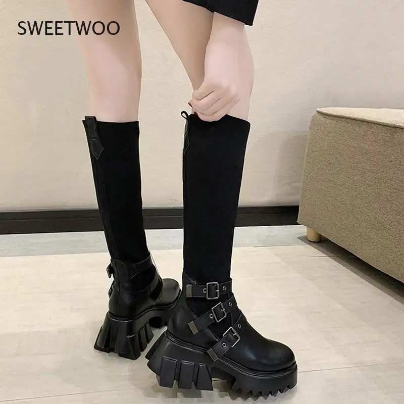 

Women Boots Women Shoes Stretch Fabric Socks Fashion Buckle Knee High Boots Gothic High Platform Boots 2021