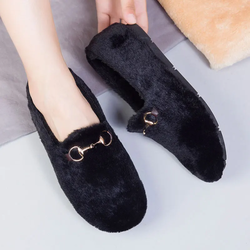 Akexiya Winter Women's Black Ballet Flats Warm Fur Moccasins Casual Rubber Shoes Woman Footwear Loafers Female Slip on Shoes