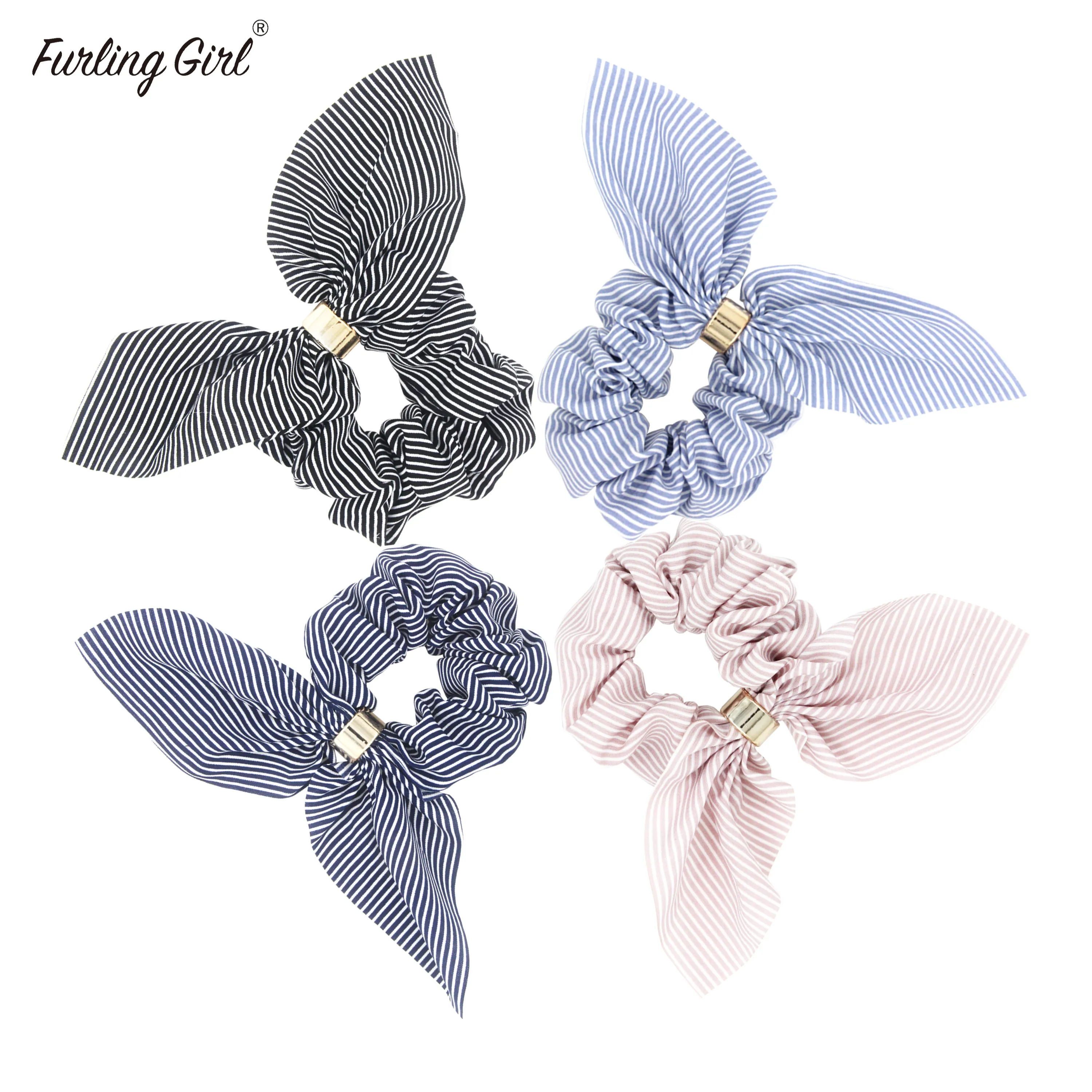 Furling Gilr 1 PC Rabbit Ears Elastic Hairbands Striped Hair Scrunchies with Gold Plating Plastic Buckle Hair Tie Bun Holder