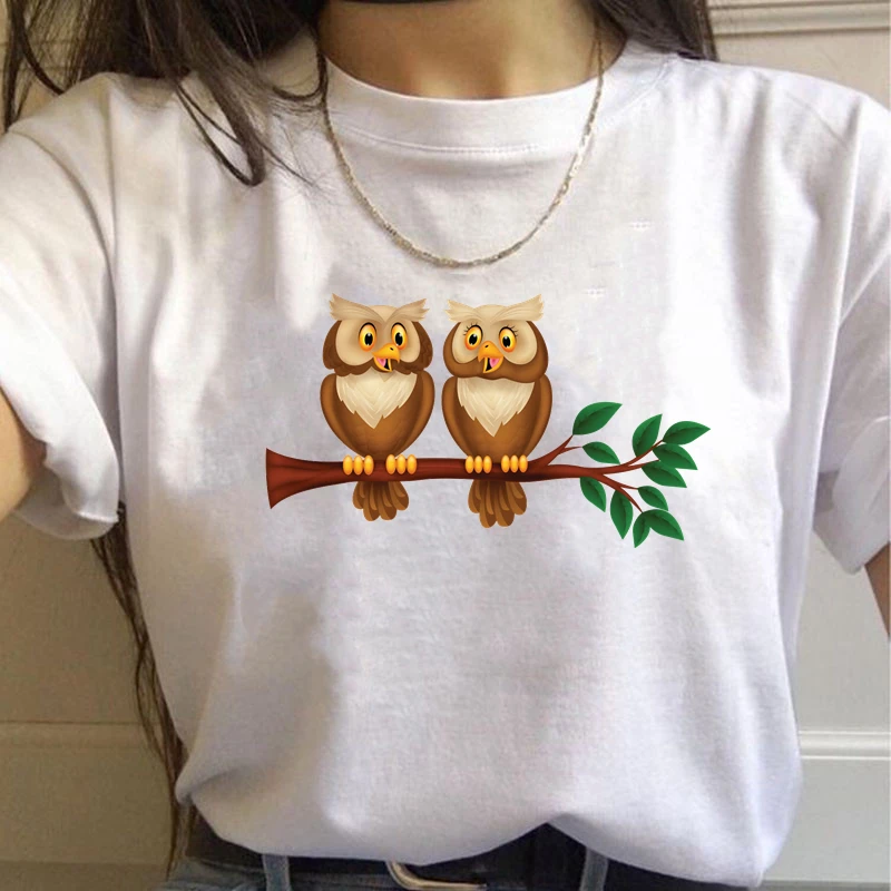 

Women's Two Owls Print T-Shirt, Round Neck, Short Sleeve, Casual, Hot Tops, Female Clothes, Fashion, HH082