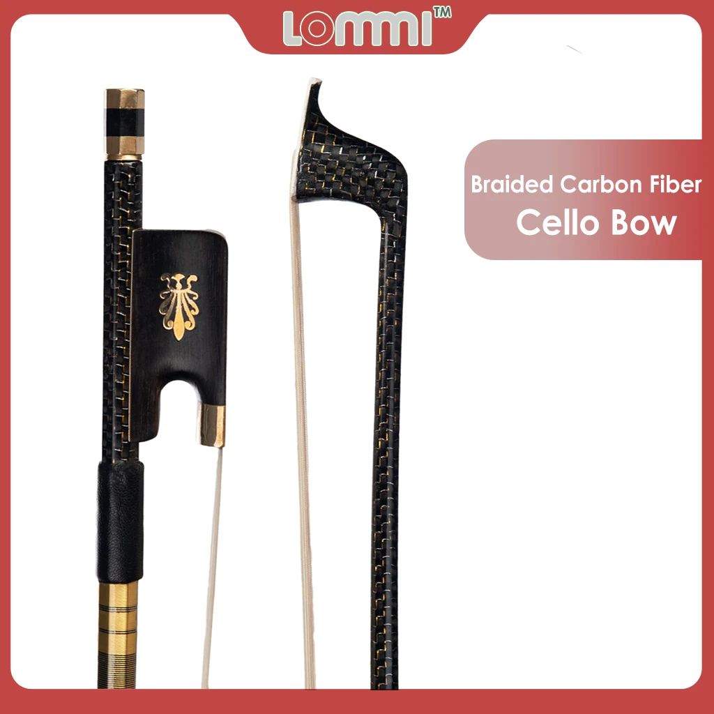 LOMMI Classic Carbon Fiber Cello Bow Full Size 4/4 Premium Ebony Frog w/Peacock Inlay Well Balanced Real Mongolian Horse Hair