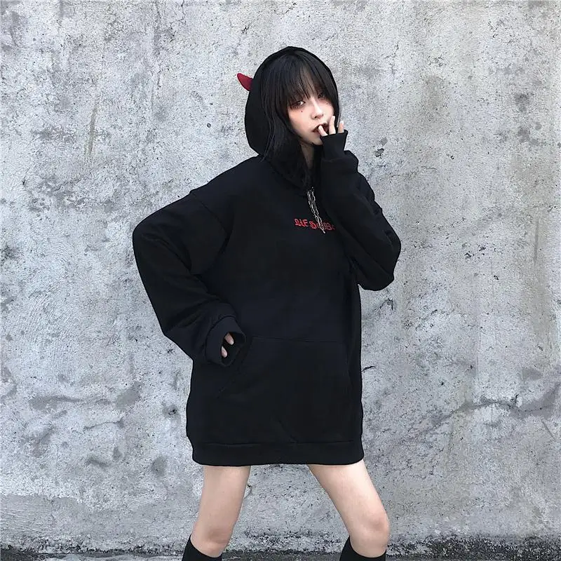 HOUZHOU Harajuku Women Hoodies Emo Gothic Sweatshirt Autumn Winter Kawaii Demon Fly Wings Loose Female Clothes Goth Streetwear