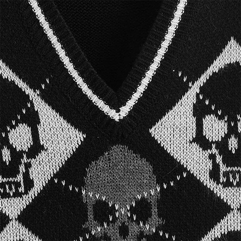 Y2K Gothic Knit Sweater Vest Skull Argyle Print Pattern Knitwear V-neck Pullover Fashion Jumper Top Women Halloween Streetwear