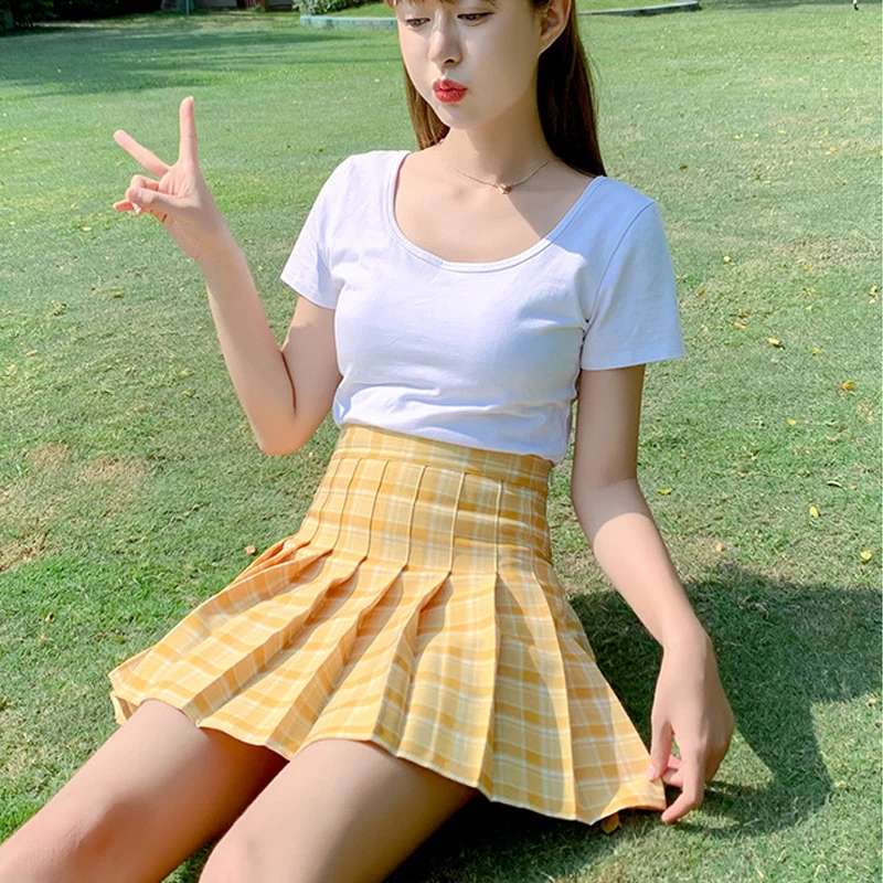 Women's Skirts Summer  New Korean High Waist Skirt Women Checkered Skirt School Girls Sexy Cute Zipper Pleated Skirt K4023