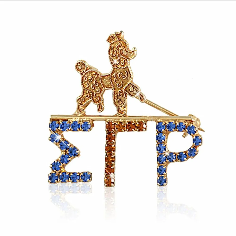 Golden Metal Blue Crystal Heart 1922 Poodle Sigma Gamma Rho Brooch Pin Fashion Sorority Jewelry