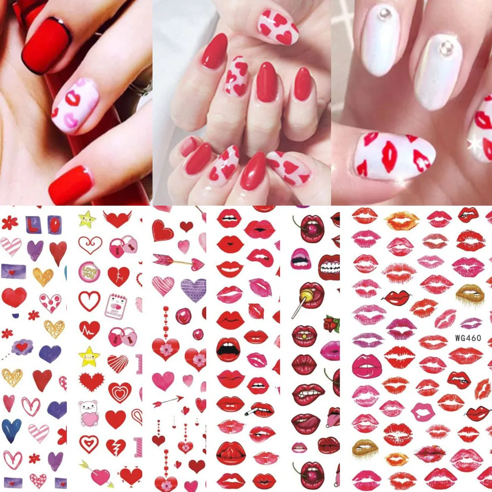 

Valentine's day Collection 1 Sheet Nail Art Sticker Self-Adhesive Sliders Nails Decorations Love Heart/Letter/Lips Nail Decals