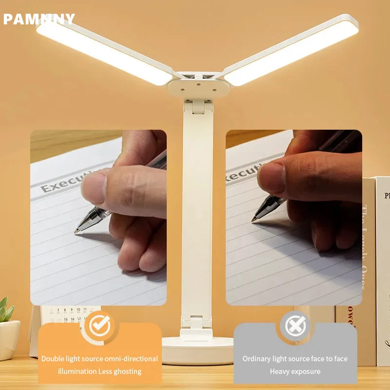 PAMNNY Desk Lamp Dual-Head Type High Brightness LED Table Lamp Touch Dimming Foldable  Work and Study Eye Protection Table Light