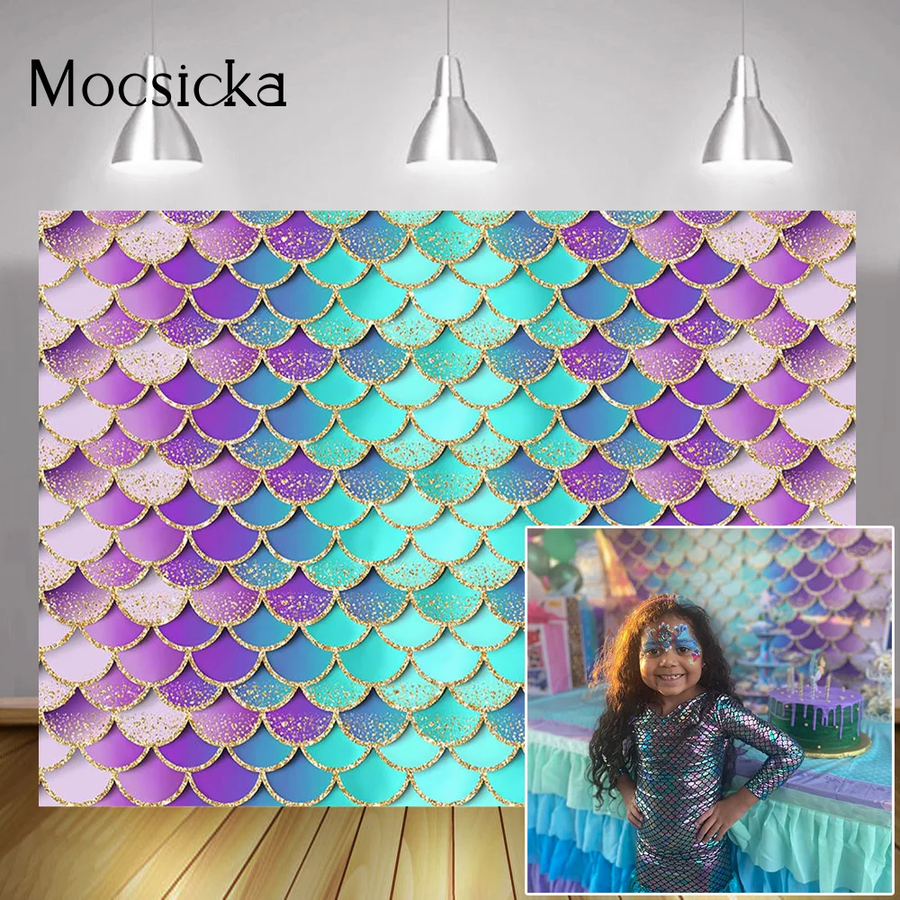 Mermaid Portrait Photography Backdrop Rainbow Colorful Fish Scales Photocall Mermaid Themed Birthday Party Background Decoration