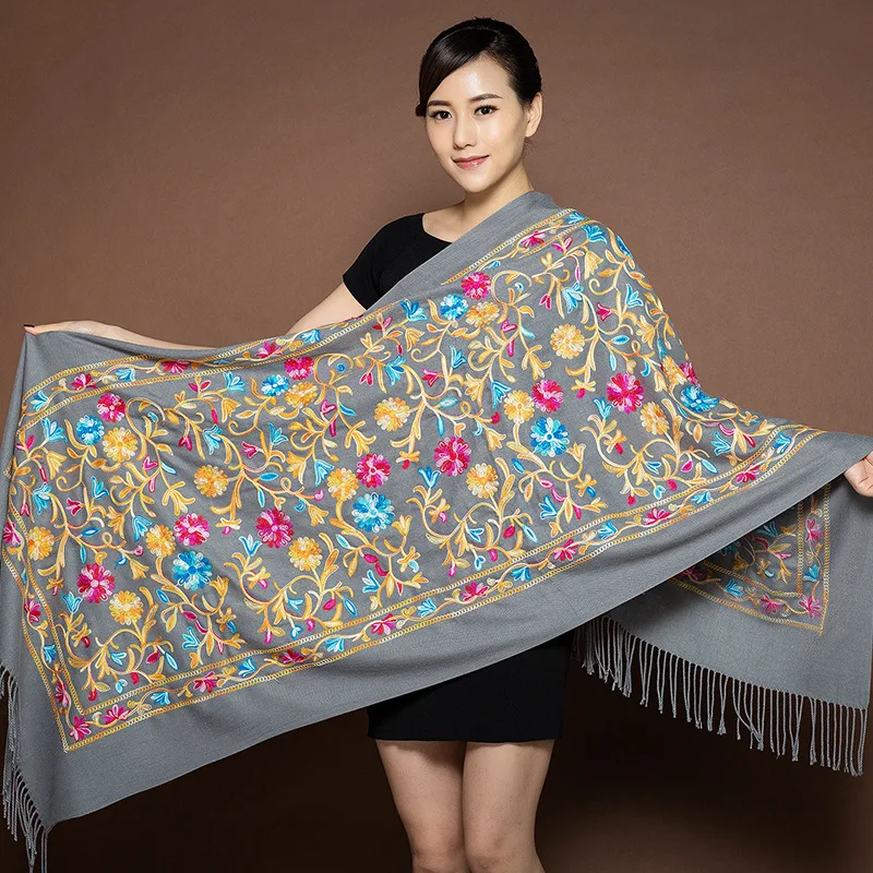 Blanket New Winter Warm Scarf For Women Capes Lady Soft Wool Pashmina Shawls Flower Embroidery Artificial Cashmere Female Wraps