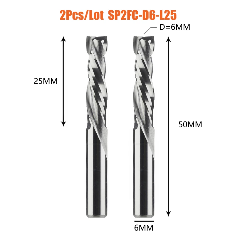 Dreanique 2 stks/partij CNC Twee Spiraal Fluiten Compressie End Mill Houtwerk UP & DOWN Carbide Frees Tool Router bit
